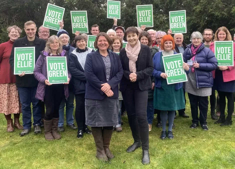 Ellie Chowns and Caroline Lucas with Green Party campaigners in North Herefordshire