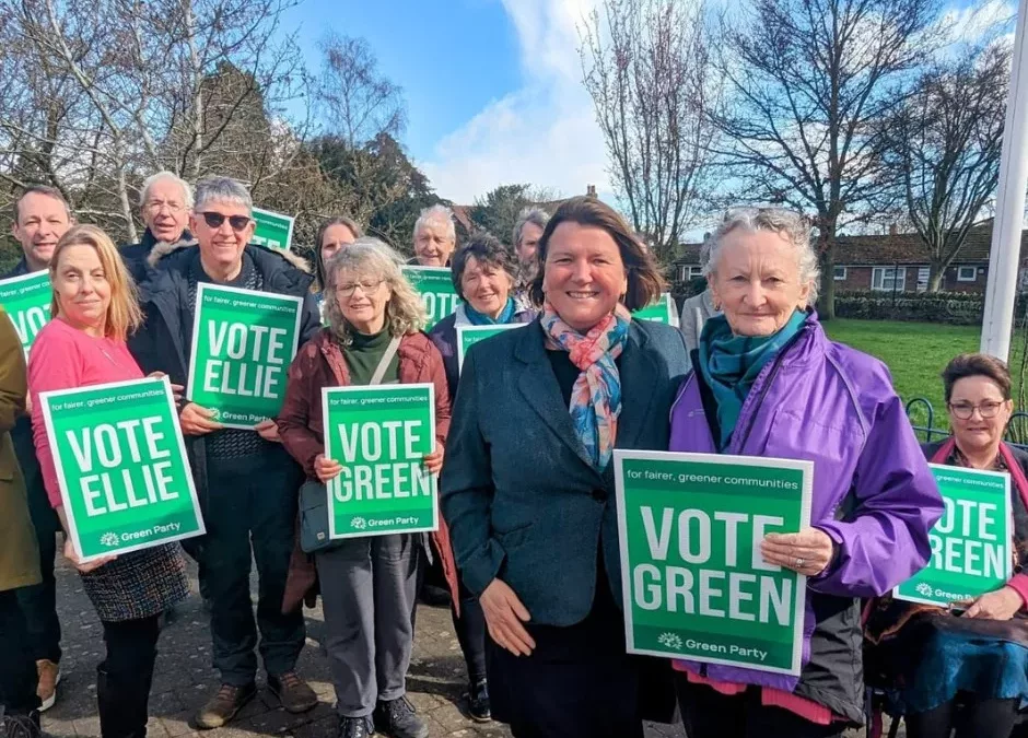 Ellie Chowns and Jenny Jones with Green Party campaigners