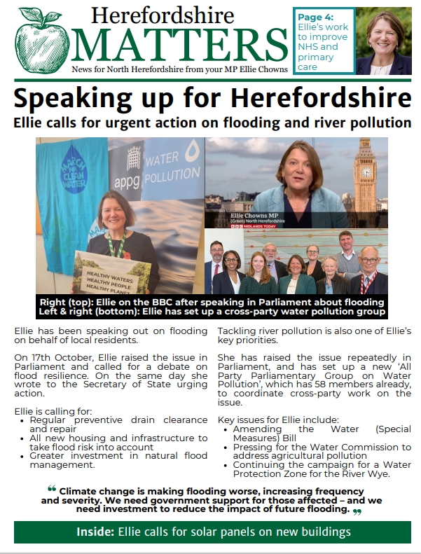 Winter 2024 Hereforshire Matters First page of Herefordshire matters with title speaking up for Herefordshire. It includes 3 pictures of Ellie speaking for BBC