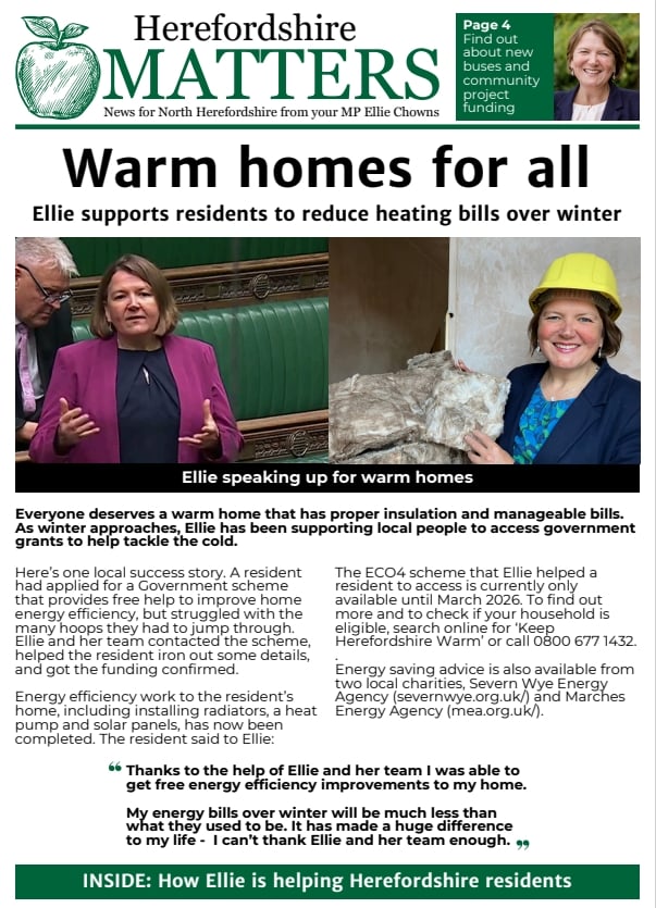 Winter 2025 Herefordshire Matters First page of Herefordshire matters, with the title Warm Homes for all